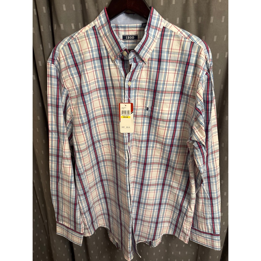 IZOD Mens Long Sleeve Button Down Plaid Shirt Bright White Red Blue Medium NWT